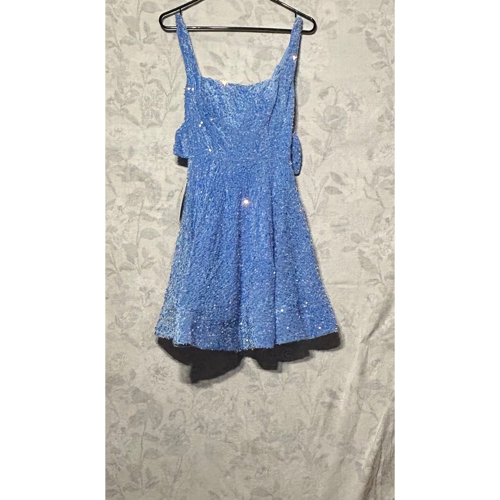 Sparkle Blue Sequin Mini Dress Party Cocktail Square Neck Sleeveless Bow Detail